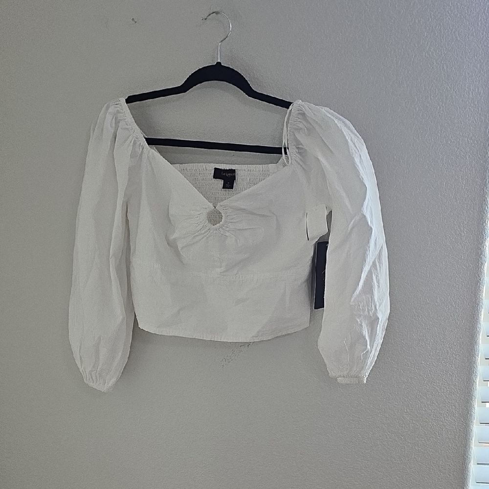 Women's White Puff Sleeve Cropped Blouse with Ring Detail